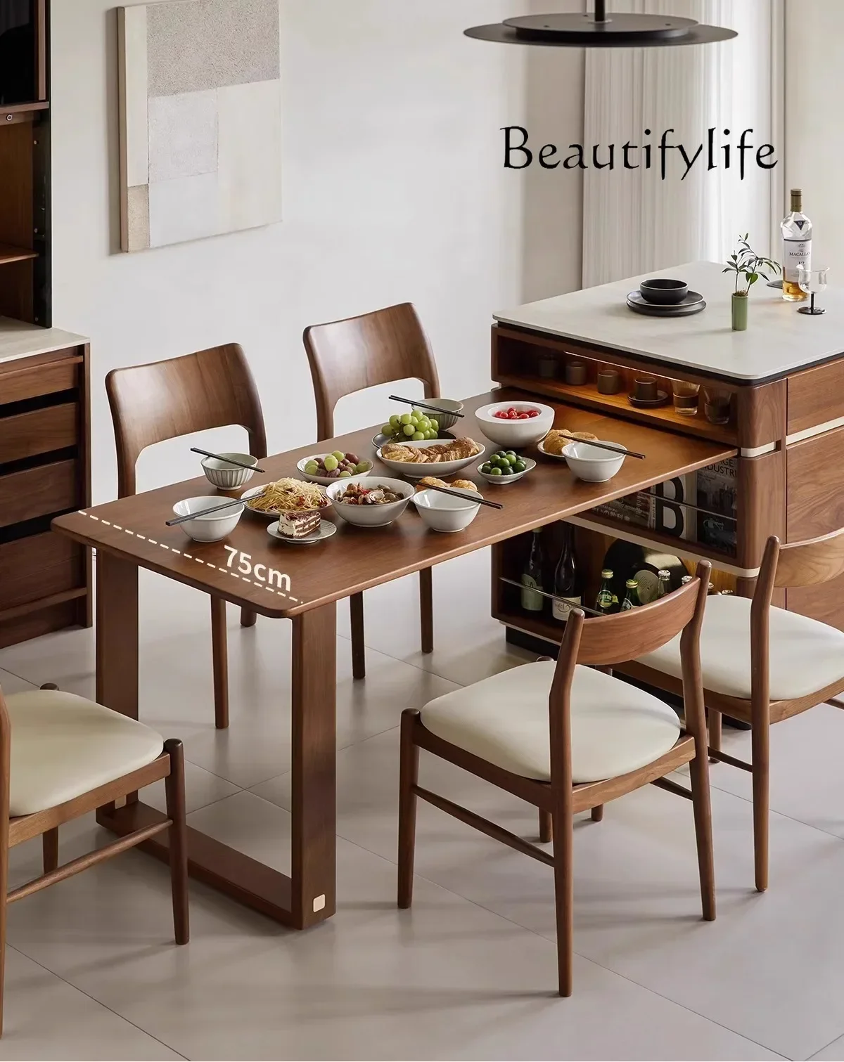 BJ Dining Table Integrated Household Retractable Rock Slab Dining Table Wood Wind North American Black Walnut Rock Slab Island