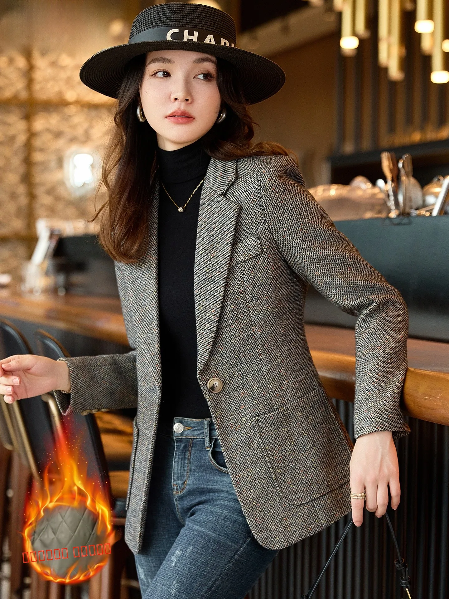 

ay Woolen Suit Jaet Women's Winter Cotton Sandwich Thiened Casual Sle Commute Scenarios Faionable Small Size