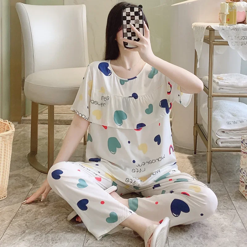 

2025 New Cotton Pajama Sets Women's Summer Thin Short-sleeved Trousers 2-piece Set Large-size Home Clothing Pants Suit Woman Two