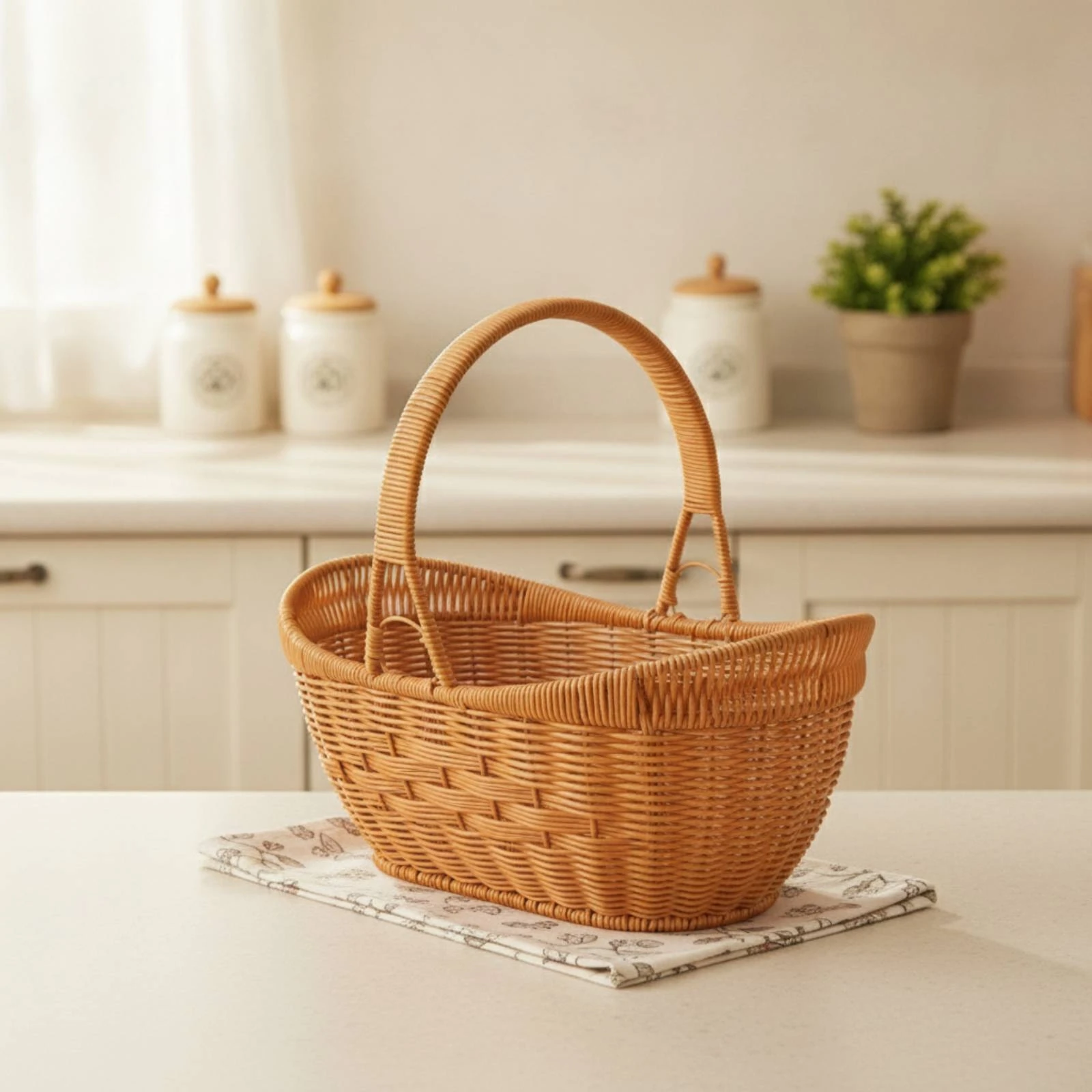 Basket with Handle Woven Rattan Basket Natural Farmhouse for Picnic, Flower Arranging
