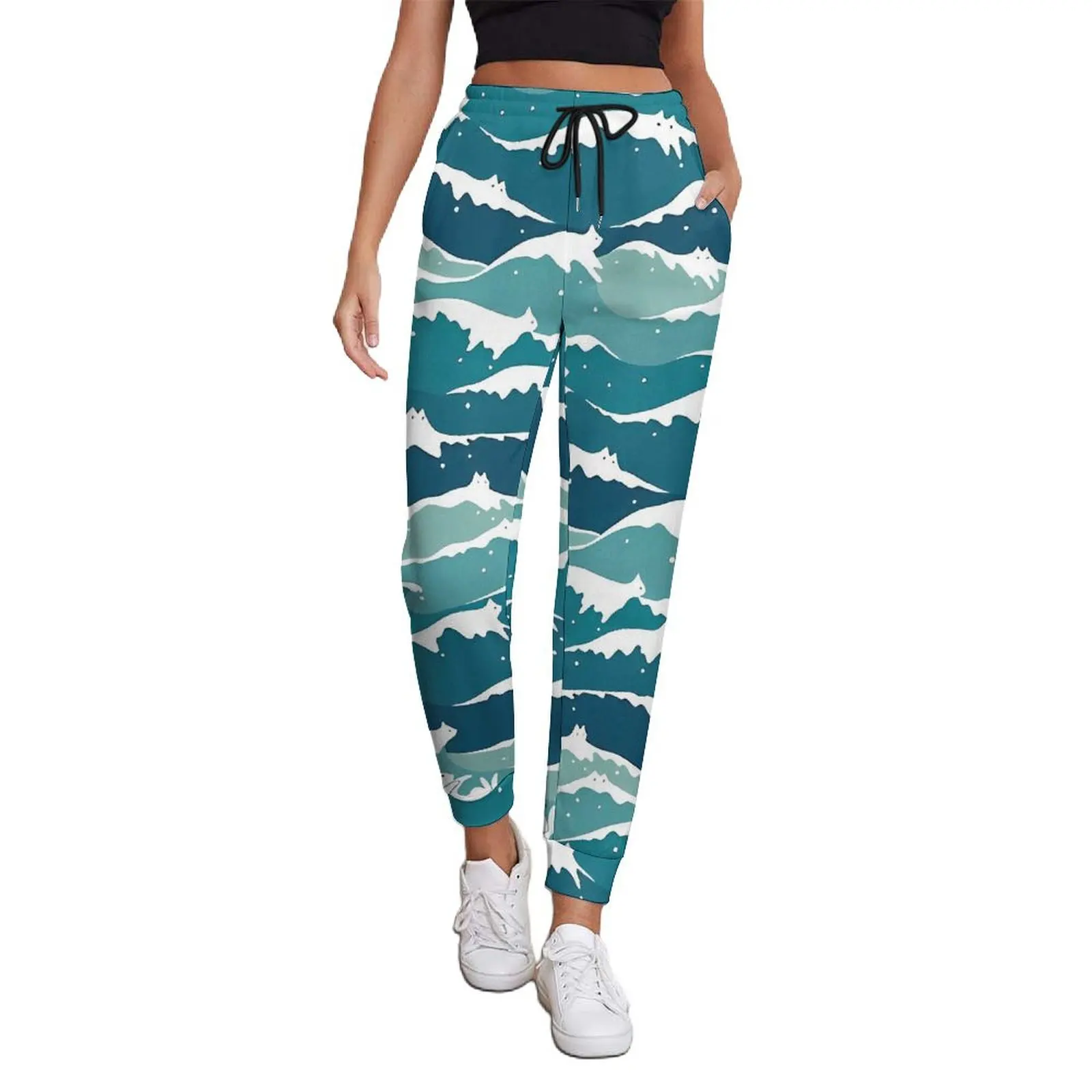 Blue And Green Wave Print Pants Woman  Hip Hop Joggers Spring Trendy Custom Trousers Big Size