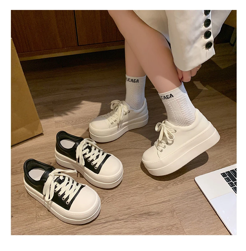 Neue schwarze klobige Plateauschuhe für Damen, Schnür-Sneaker aus Kunstleder, höhenvergrößernde Turnschuhe für Teenager-Mädchen, Damenschuhe für alle Jahreszeiten – Detail 19