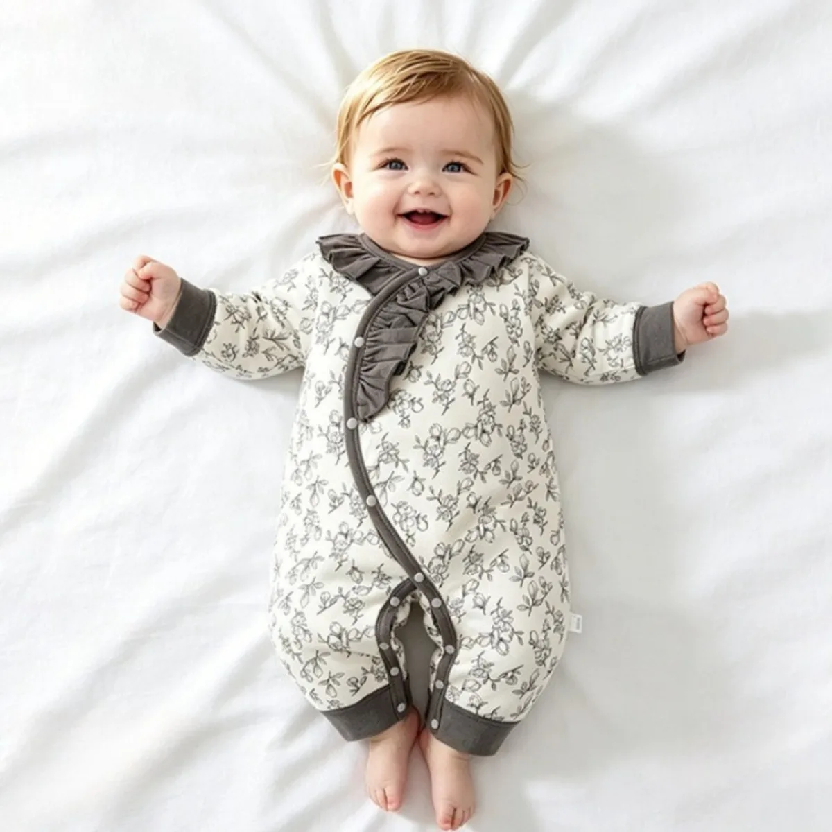 Floral Ruffled Collar Baby Romper Soft Cotton Quilted Side Snaps Onesie Thermal Infant Toddler Jumpsuit Unisex 0-18M Fall Winter