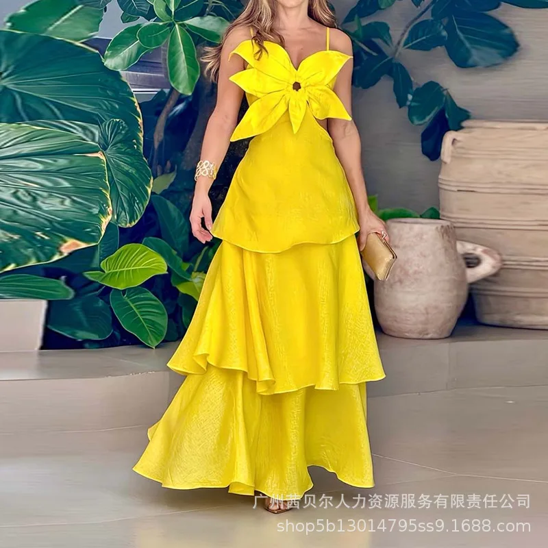 

2024 Spring Summer New Dress Women's Three-Dimensional Flower Stitching Dress Women's Sexy Spaghetti Strap Backless Dress