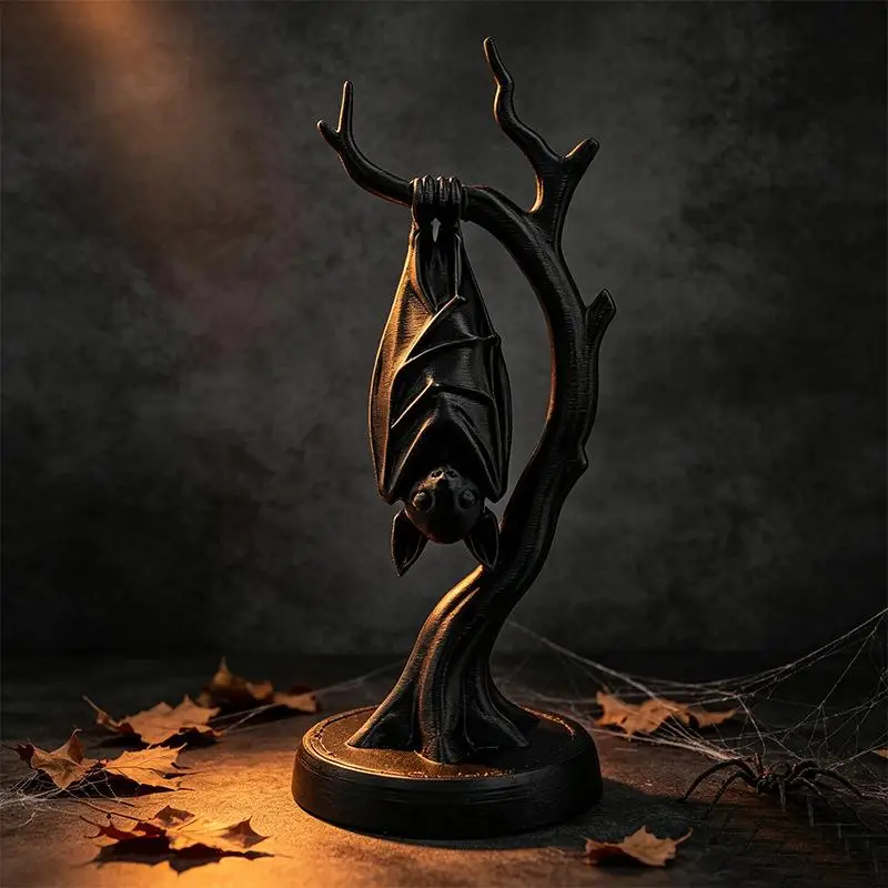 Bat On Dead Branch Figurine,3D Printe Gothic Sculpture For Halloween Party Decor,Spooky Ornament For Desk Bookshelf Display Gif