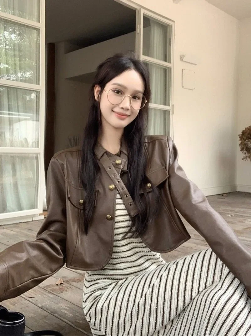 

Shpmishal Fashionable Coffee Colored Short Leather Jacket for Women's Autumn Hot Girls New Chic Slimming Coat Female Clothing