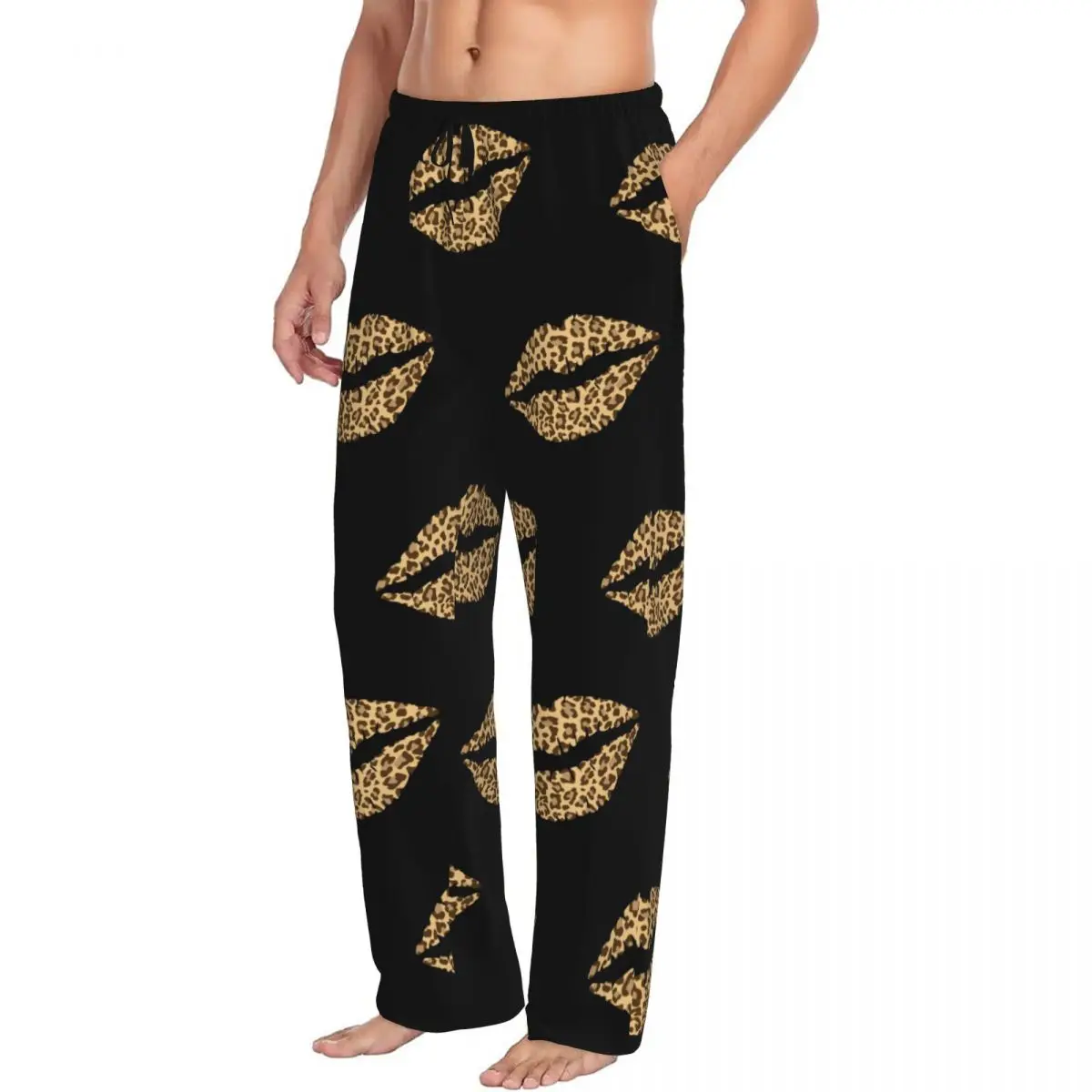 Custom Leopard Print Lips Pajama Pants Men Sleepwear Sleep Lounge Bottoms with Pockets