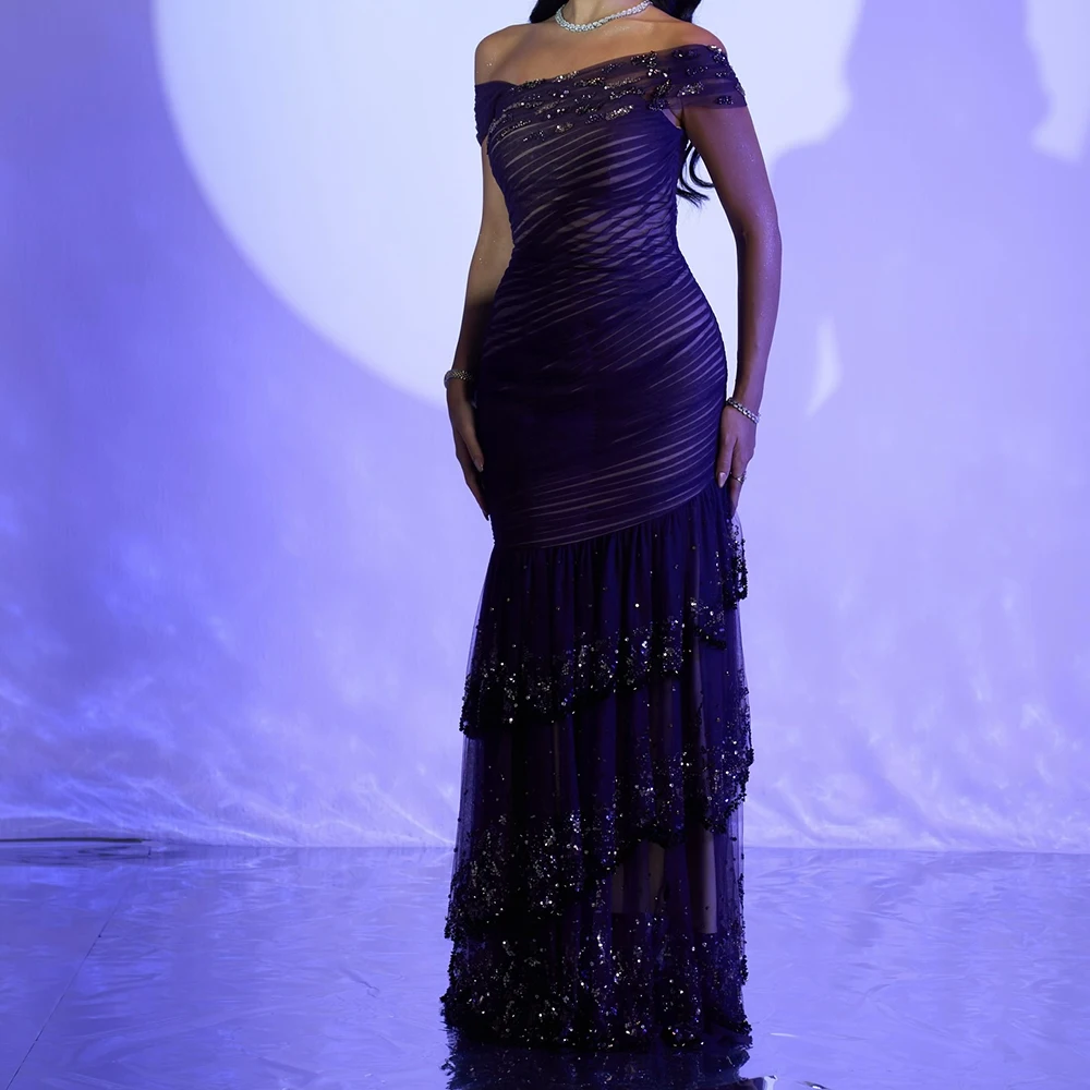 

Customized A-line Evening Dresses Floor-length Off The Shoulder Sleeveless Prom Gown Simple Fashion Sequined Draped Party Gown