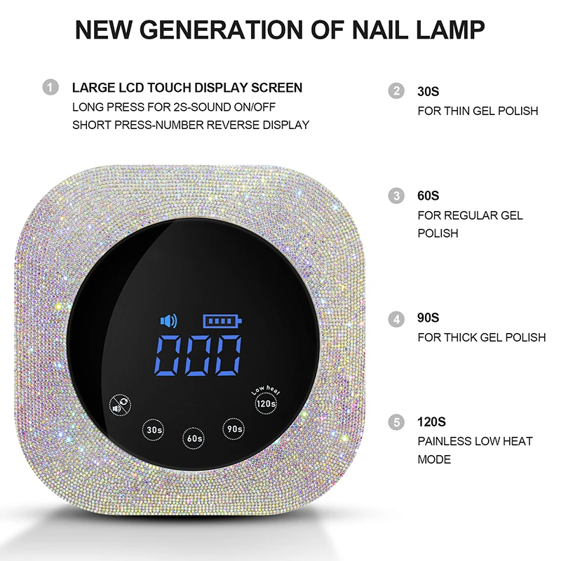 72W Diamond Rechargeable Nail Lamp Wireless Gel Polish Dryer Manicure Machine LED Light for Nails Cordless Nail UV LED Lamp