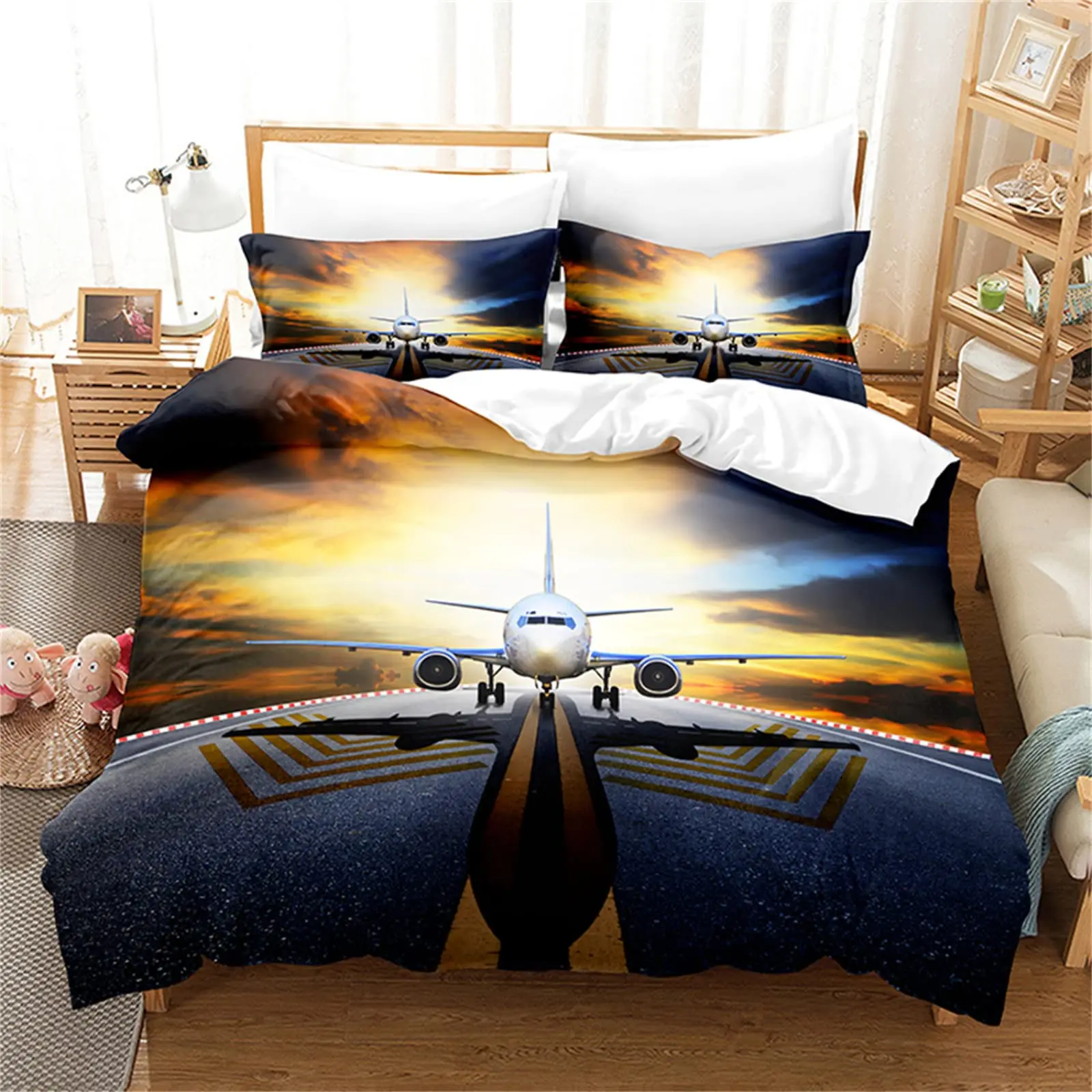 Kids Boys Airplane Duvet Cover Twin Queen Aviation Aircraft Runway Bedding Set Luxury Microfiber Plane Pattern Comforter Cover