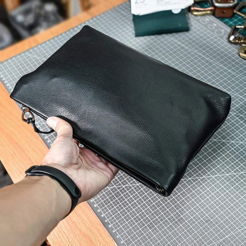 

simple casual handmade first layer cowhide men's black clutch bag travel luxury genuine leather phone certificate storage bag