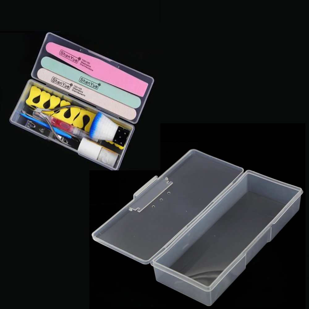 1pc Nail Art Rectangle Plastic Transparent Storage Box Nail Rhinestone Brush Pen Buffer Grinding Files Organizer Container Case