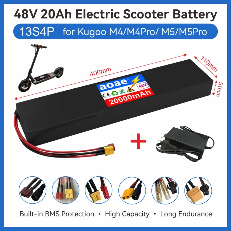 48V Electric Scooter Battery 13S4P 20Ah 18650 Grade-A Cells Built-in BMS XT60 JST for Kugoo M4 M4Pro MaxSpeed Series Long Range