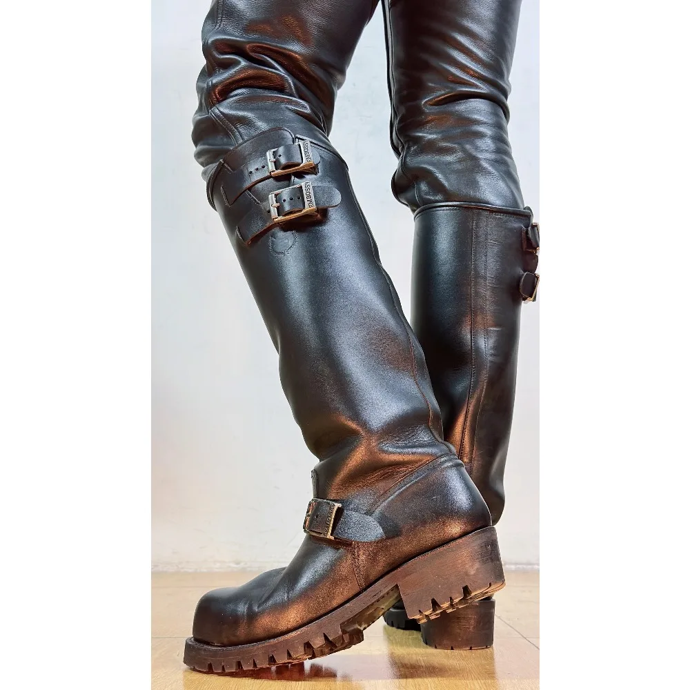 Fashion Men's Genuine Leather British Long Chelsae Boots Knee High Winter Riding Knight Boots Engineer Boots Buckle Strap - view 3