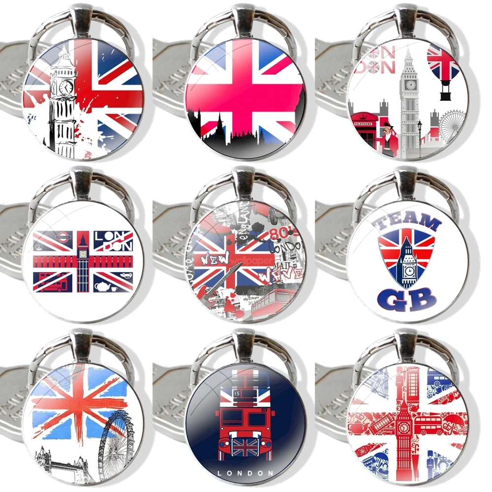 Keychain Handmade Glass Cabochon Key Ring Holder Pendant Key Chains Vintage British Flag With London Symbol