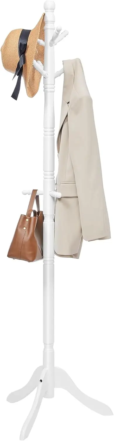 Solid Wood Coat Rack and Stand, Free Standing Hall Coat Tree with 10 Hooks for Hats, Bags, Purses