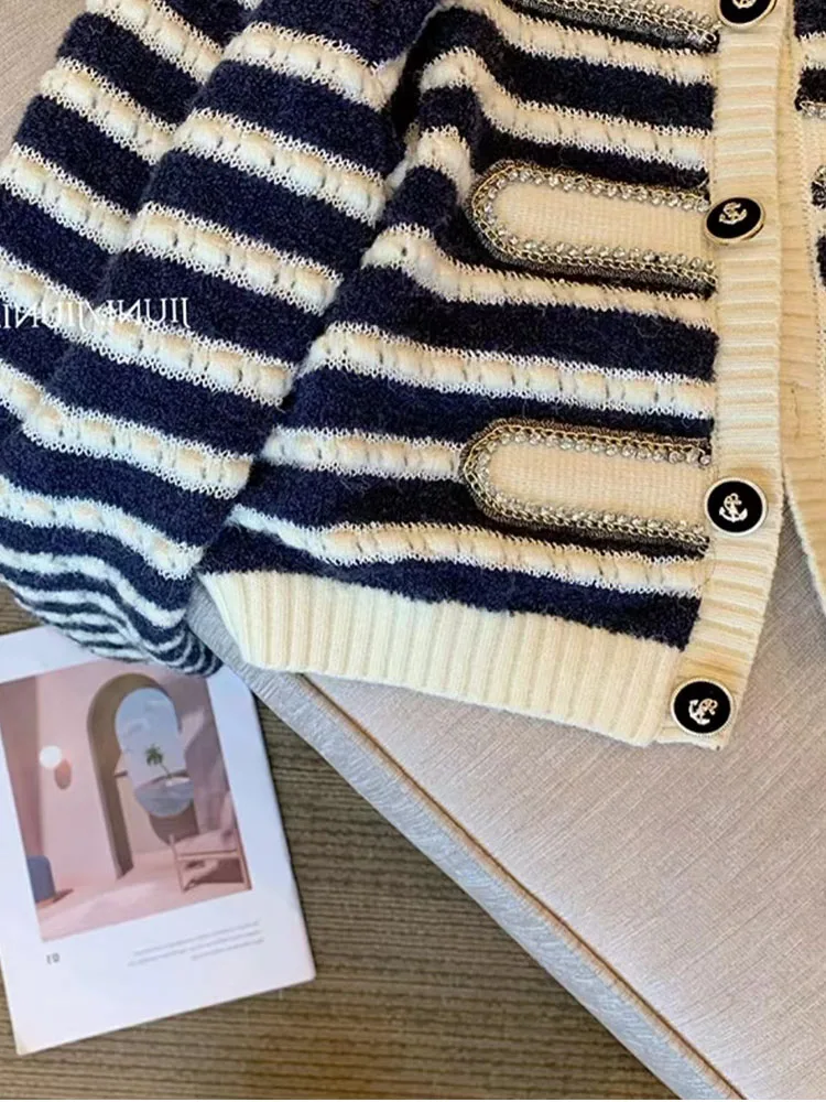 French Elegance Women Basic Striped Cardigan New Design Fashion Pullover 2000s Aesthetic Knitted Sweater Classical Streetwear