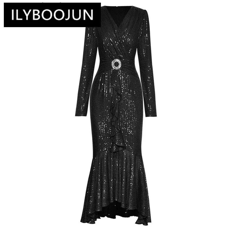 

ILYBOOJUN Fashion Designer Autumn Sequin Mermaid Dress Women V-Neck Long Sleeve Crystal Diamonds Ruffles Elegant Party Dresses