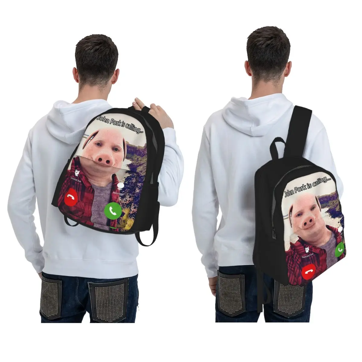 John Pork Is Calling Answer Call Phone Backpack Student BookBag Kids School Bag Laptop Shoulder Bags for Men Women