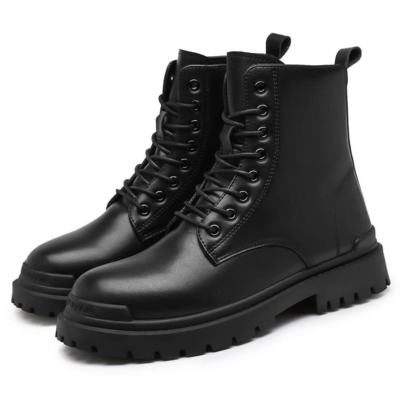 Leather Black Men\'s Biker Boot Fashion YoungWaterproof Trendy Boots Man Autumn Winter High Top ClassicBasic Shoe