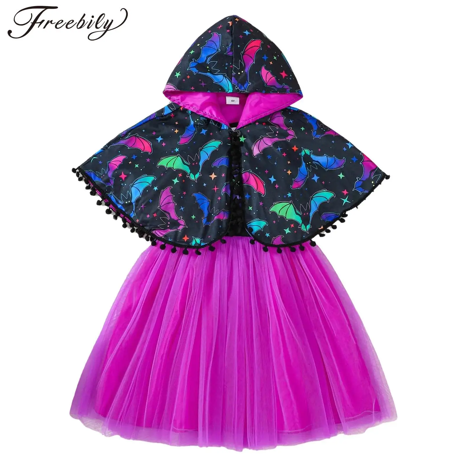 Traje temático de murciélago para niñas, vestido sin mangas de malla con volantes y capa con capucha con estampado de murciélago, disfraz de Cosplay de bruja espeluznante para Halloween