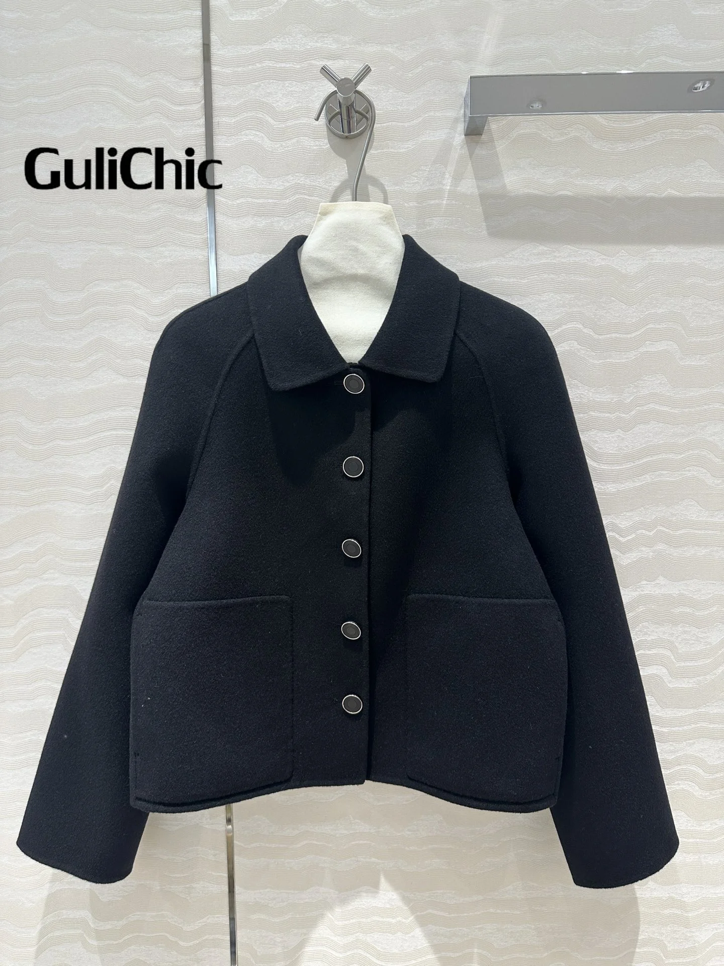 7.31 GuliChic 100% Cashmere Woolen Coat Women\'s Elegant Temperament Lapel Single Breasted Pocket Jacket Coat