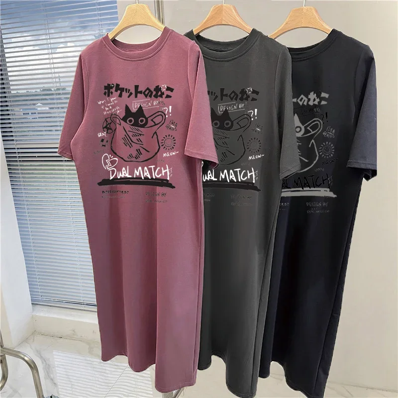 夏日本のかわいい漫画猫バッグプリント女性の大きいサイズルーズ半袖ドレス