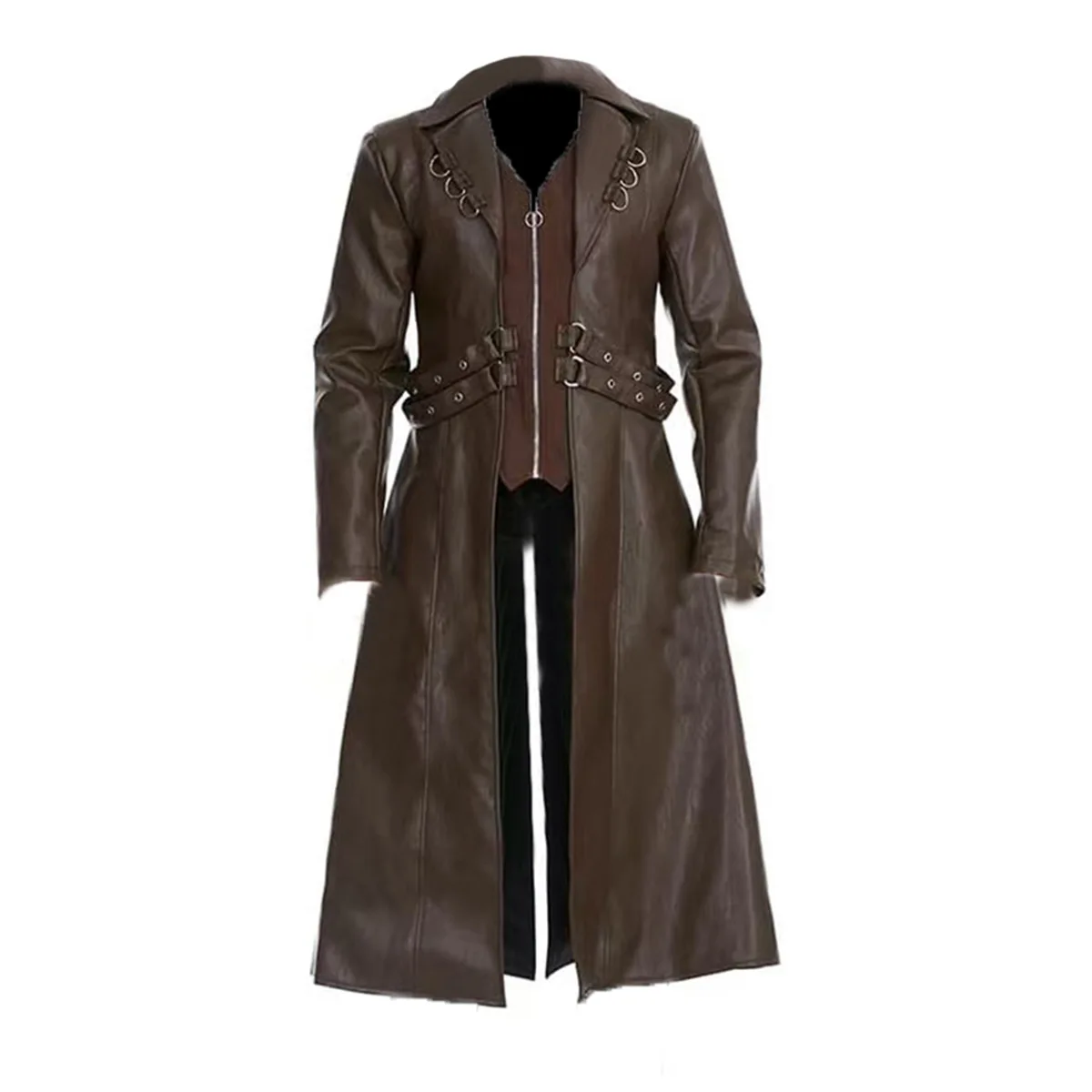 

Men Steampunk Faux Leather Vintage Jacket Medieval Trench Coat Long Outwear Winter Gothic Windbreaker Motorcycle Halloween Stage