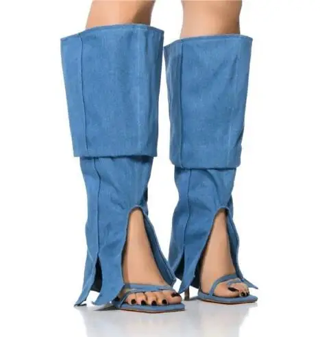 

New Women Blue Orange Denim Square Open Toe Cross Strap Stiletto Heel Knee High Sandals Boots Two Ways Wear Long Boots Sandals