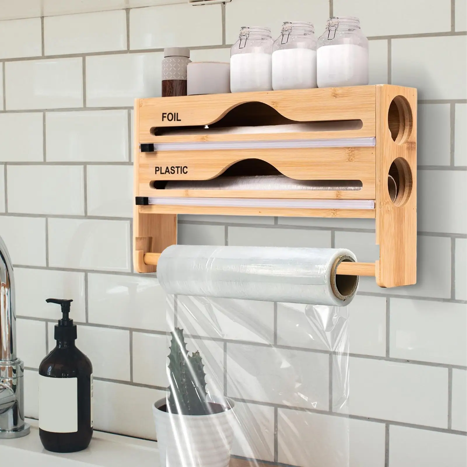 Cling Wrap Dispenser Aluminiumfolien-Organizer mit Rollenhalter und Cutter, wandmontierter Box-Folienhalter zur Aufbewahrung von Backschränken