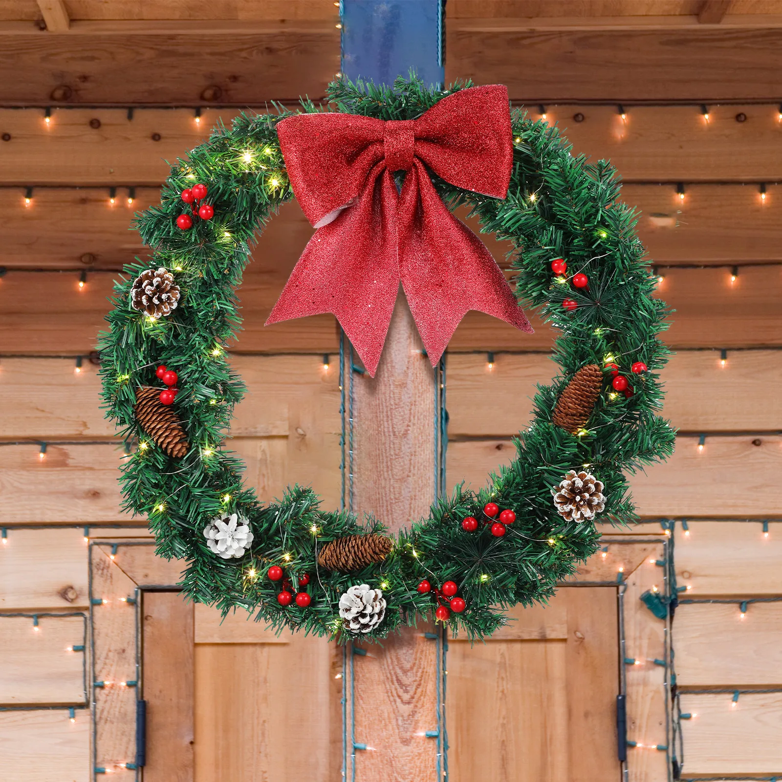 Outdoor Lighting Accent - Pre-Lit Christmas Wreath Pine Cones Berries