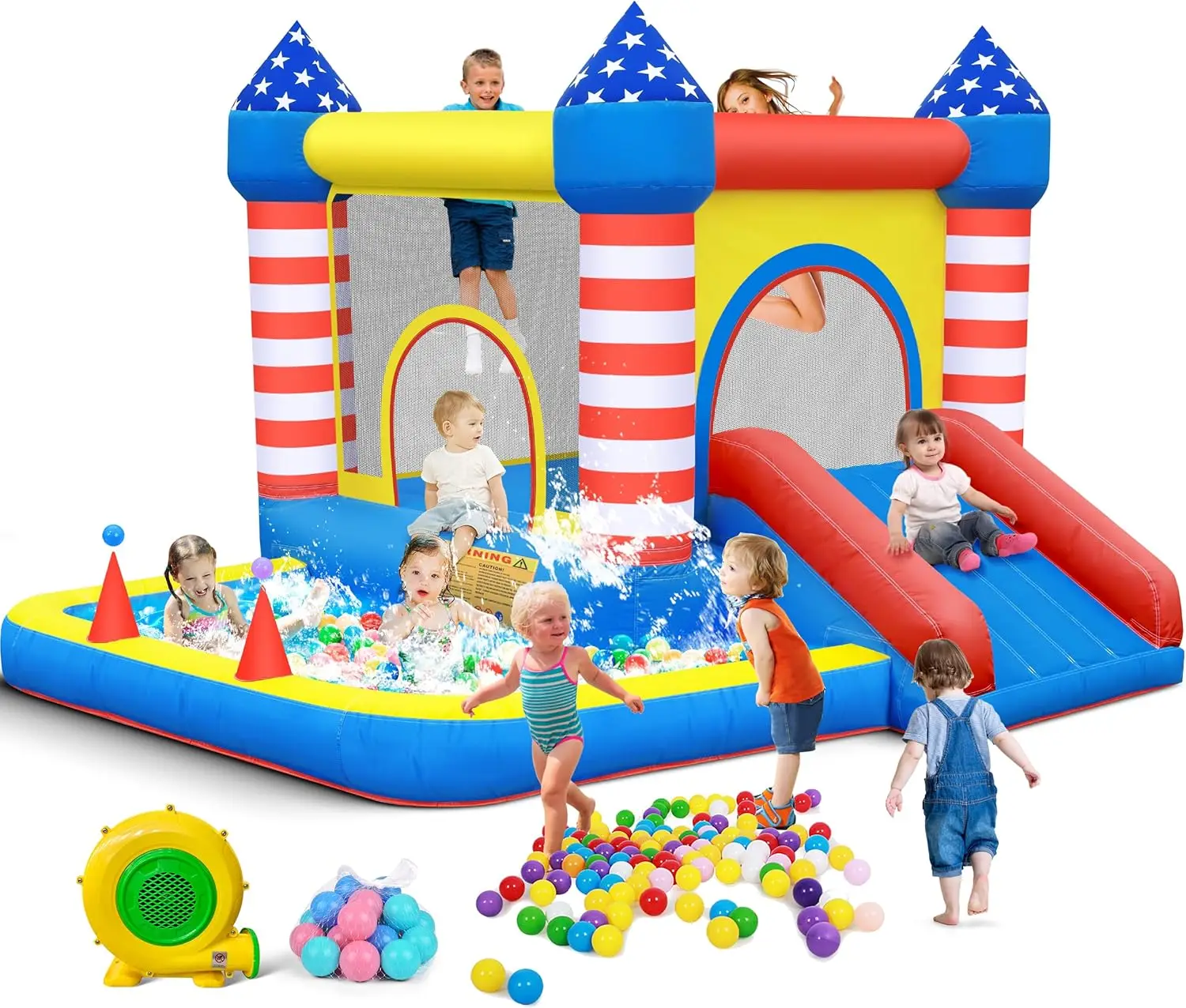 

Inflatable Bounce House: Bouncer Bouncy Castle 5 in 1 with Ball Pit & Slide for Kids Aged 3-8 - with 370W Blower & Stor