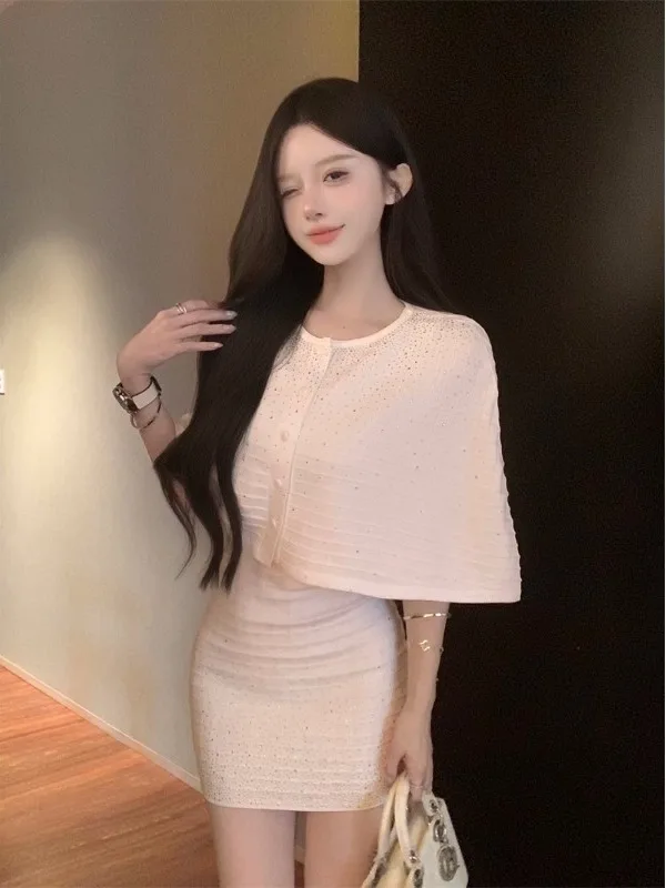 

French Style Loose Fit Diamond Embellished Kimono Set Women's Autumn Dress T-Shirt Two-Piece Set round Neckline Casual Wear