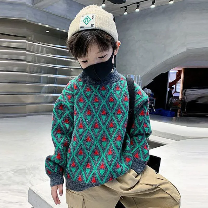 Autumn Winter Junior Boys Sweater Cotton Thick Velvet Warm Baby Boys Pullovers 3-12 Years Boy Teenage Contrast Argyle Undershirt