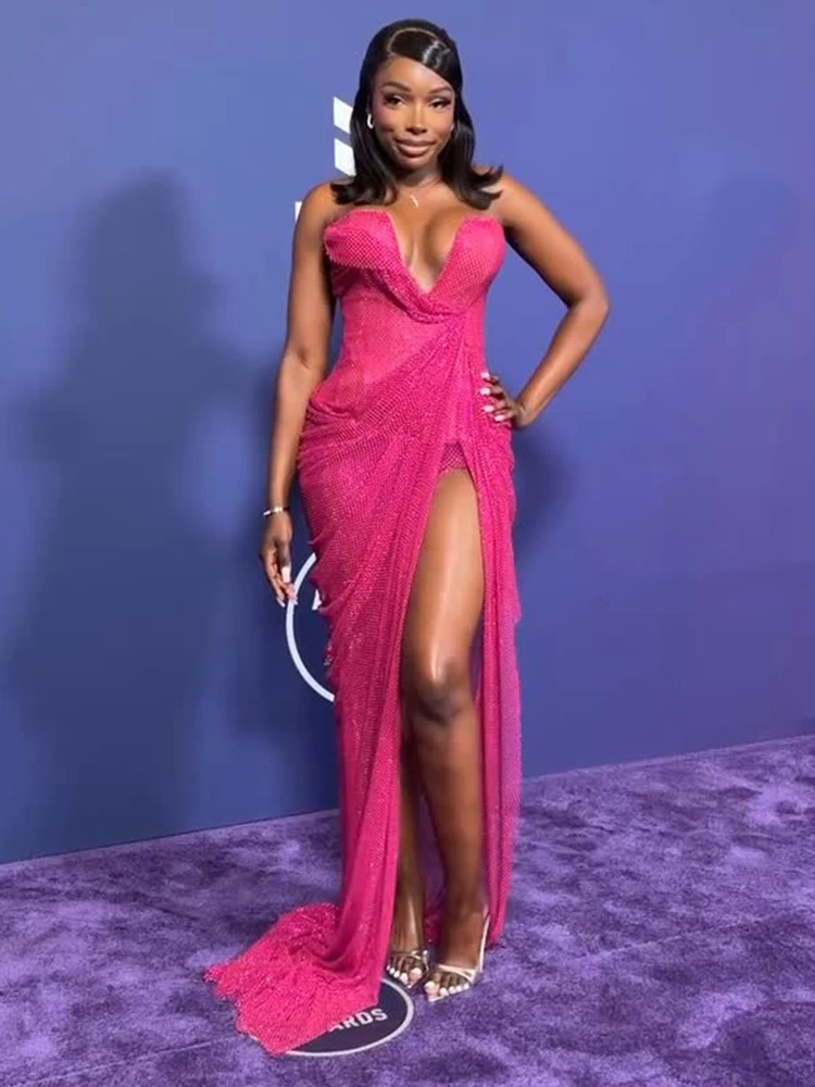 

Glamorous Hot Pink Sequin V-Neck High Slit Strapless Gown – Women's Draped Mesh Design Temperament Long Dress
