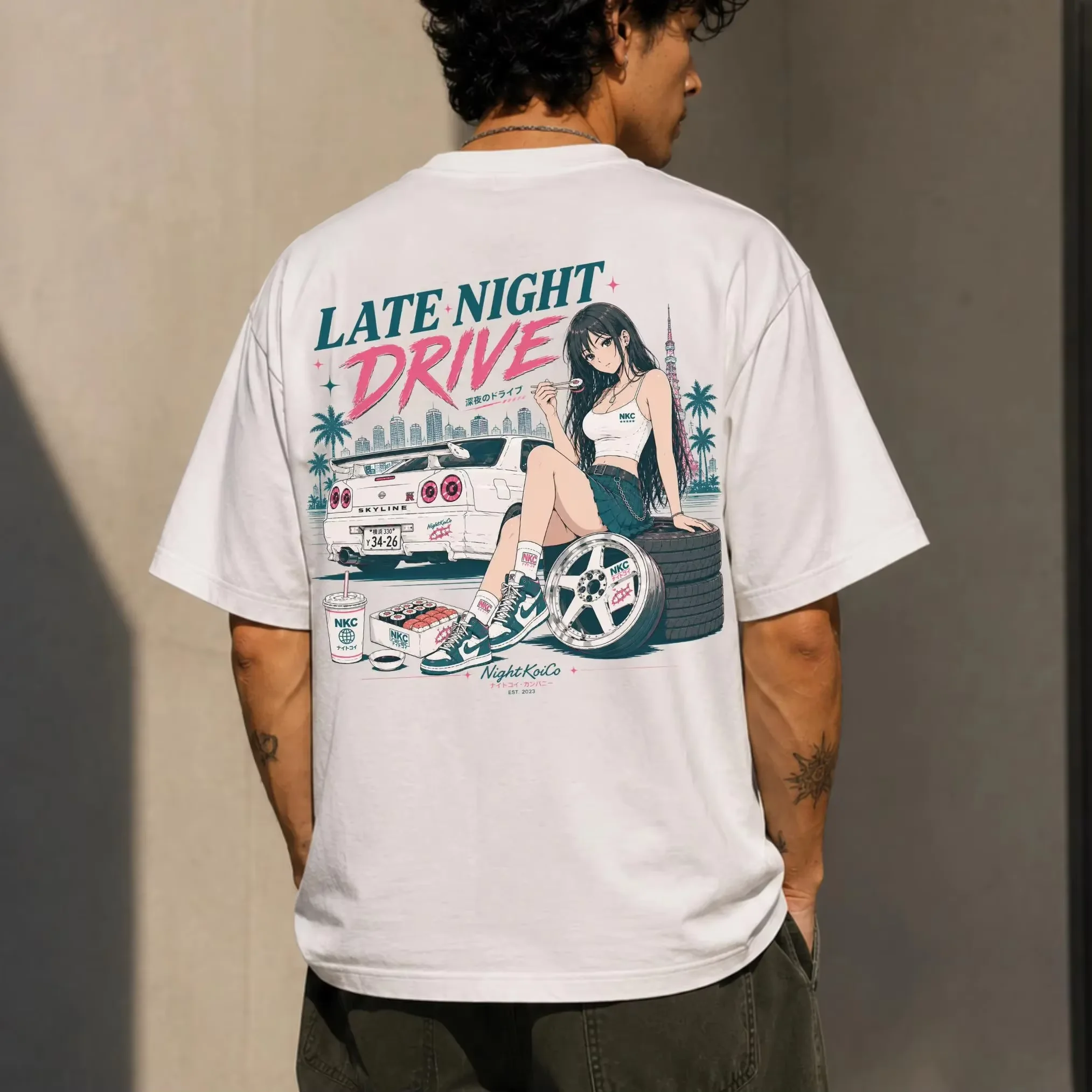 2026 New JDM Streetwear Oversized Short Sleeve T-shirt Unisex Late Night Drive Anime Girl Skyline Car Graphic Print Tee,