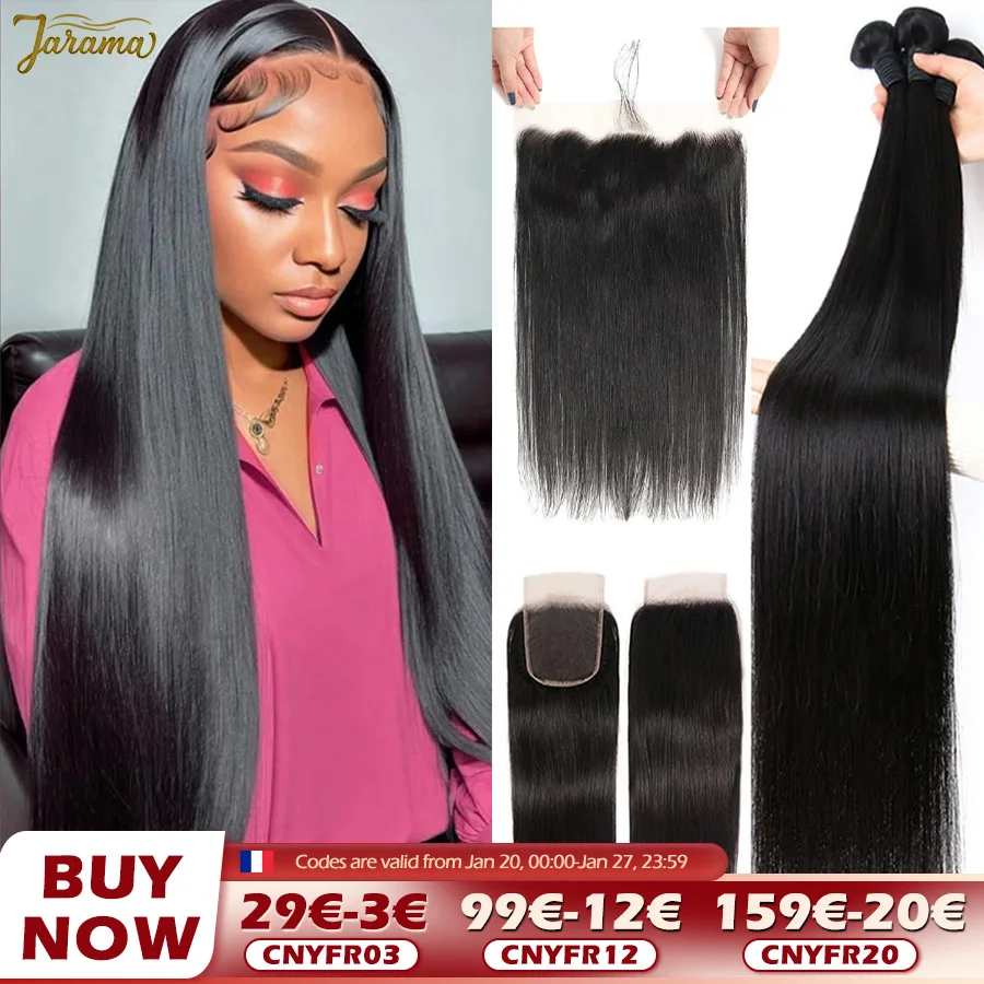 Straight Human Hair Bundles With Closure Bundles With Lace Frontal 100% Brazilian Human Hair 4x4/13x4 Transparent Lace Closure Frontal Natural Human