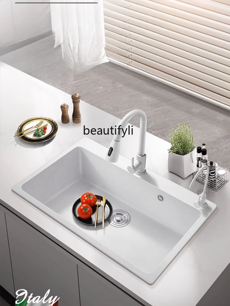 Cream Style Quartz Stone Washing Basin Single Sink Kitchen Sink Set Scullery Sink Household Vegetable Basin White under Counter