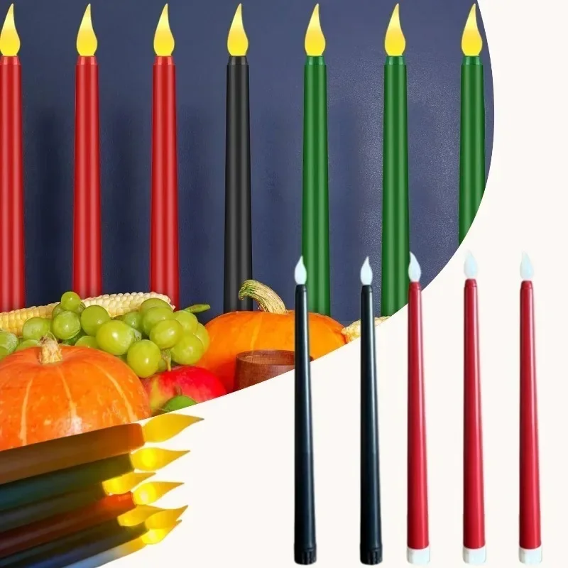 6PCS Remote Control Kwanzaa LED Candles Set White Red Black Taper Candlestick Elegant Metallic Design for Church Christmas Decor