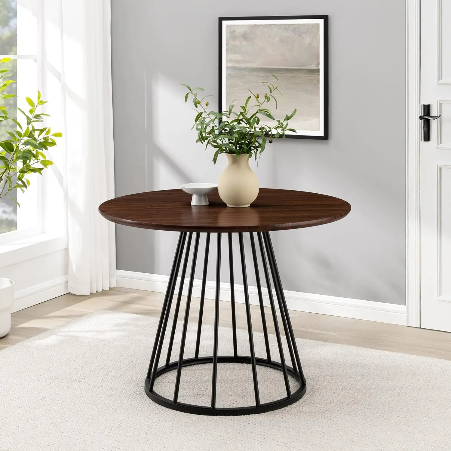 Vivv Modern Round Dining Table with Metal Base, 40 Inch, Dark Walnut/Black