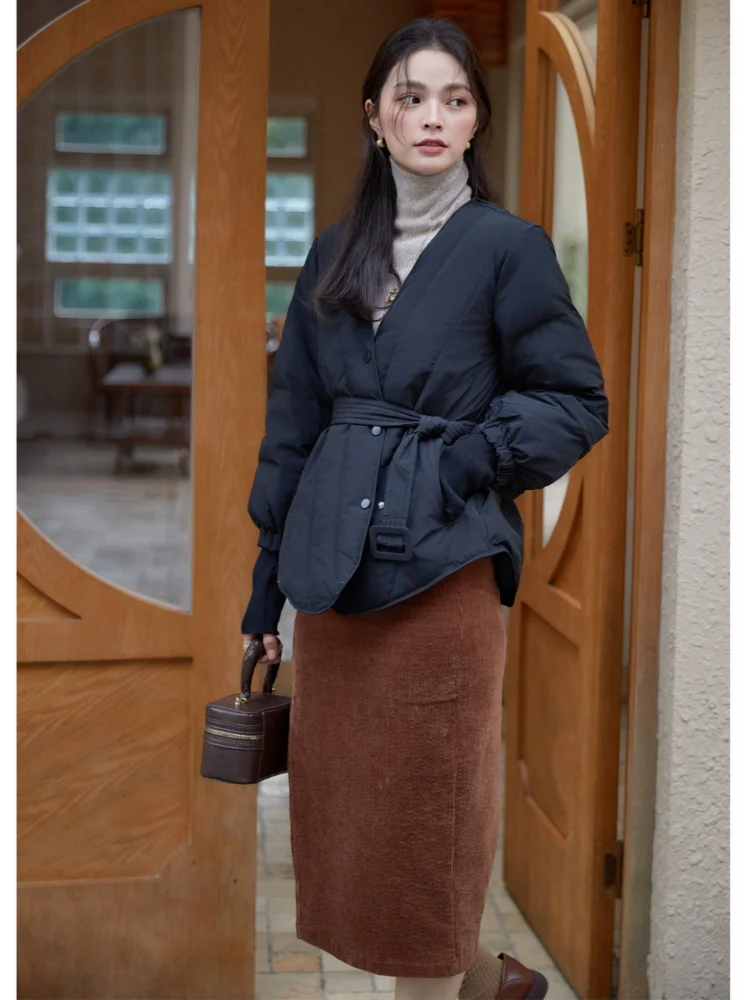 Doudoune chaude en duvet de canard blanc pour femme, vêtements d'extérieur à col en V à simple boutonnage, mode hiver, 2024