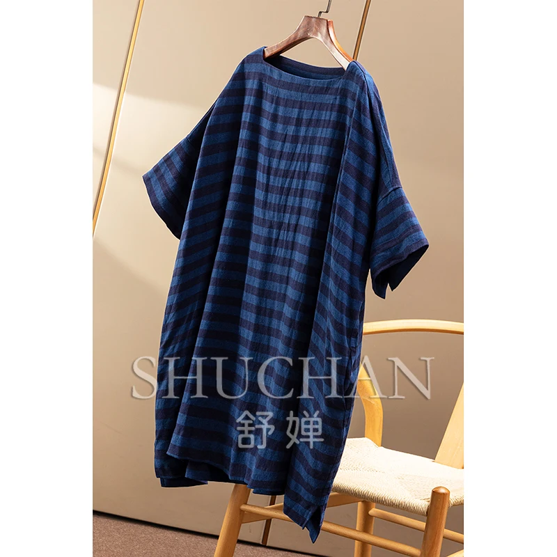 Abito t-shirt con maniche a sette quarti con silhouette allentata in misto lino a righe vintage oversize da donna 96A2