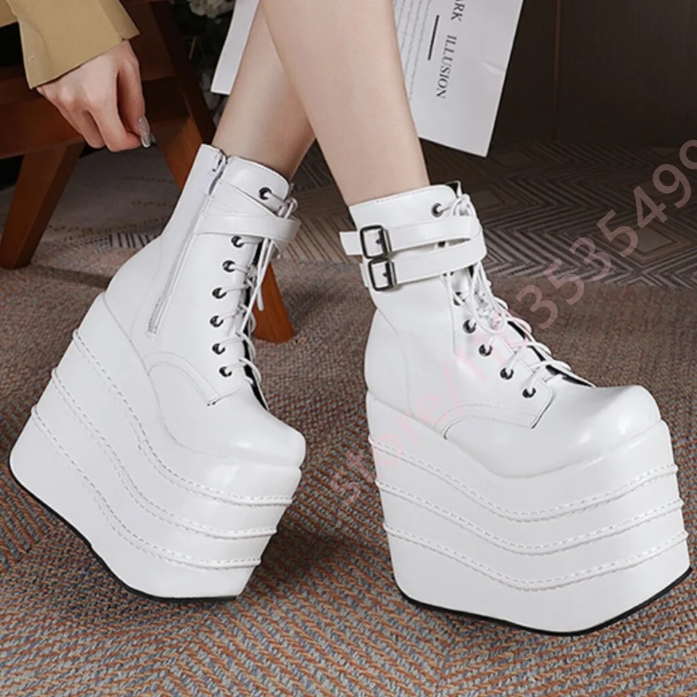 Women Gothic Platform Wedge Ankle Boots 2026 New Punk Lace Up Double Buckle Strap Side Zipper Super High Thick Sole Party Shoes