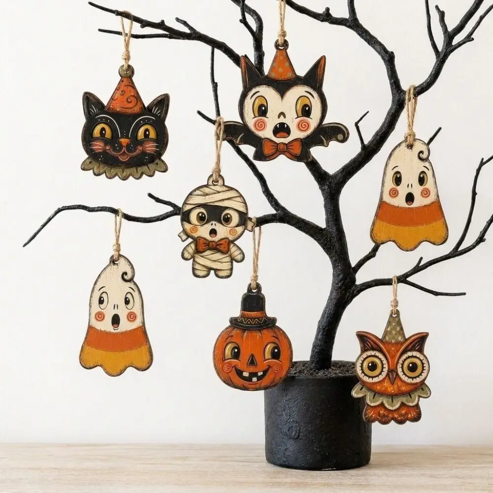 Vintage Style Halloween Pumpkin Ghost Pendant Distressed Painted Trick or Treat Owls Bat Hanging Decoration Cartoon Rustic