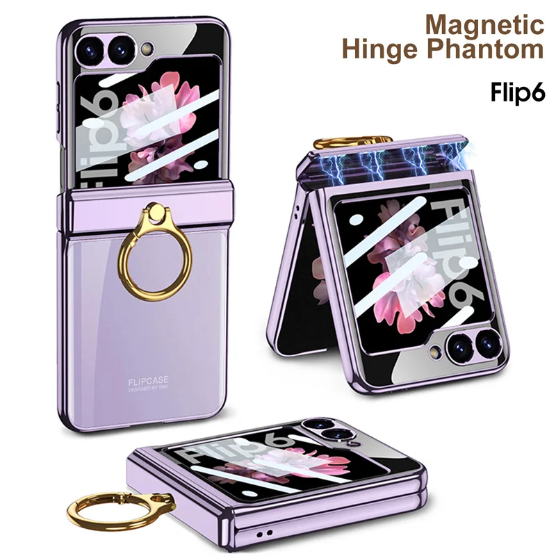 

Luxury Magnetic Hinge Ring Holder Case For Samsung Galaxy Z Flip 6 5 4 5G Transparent Plating Acrylic Screen Protector Cover