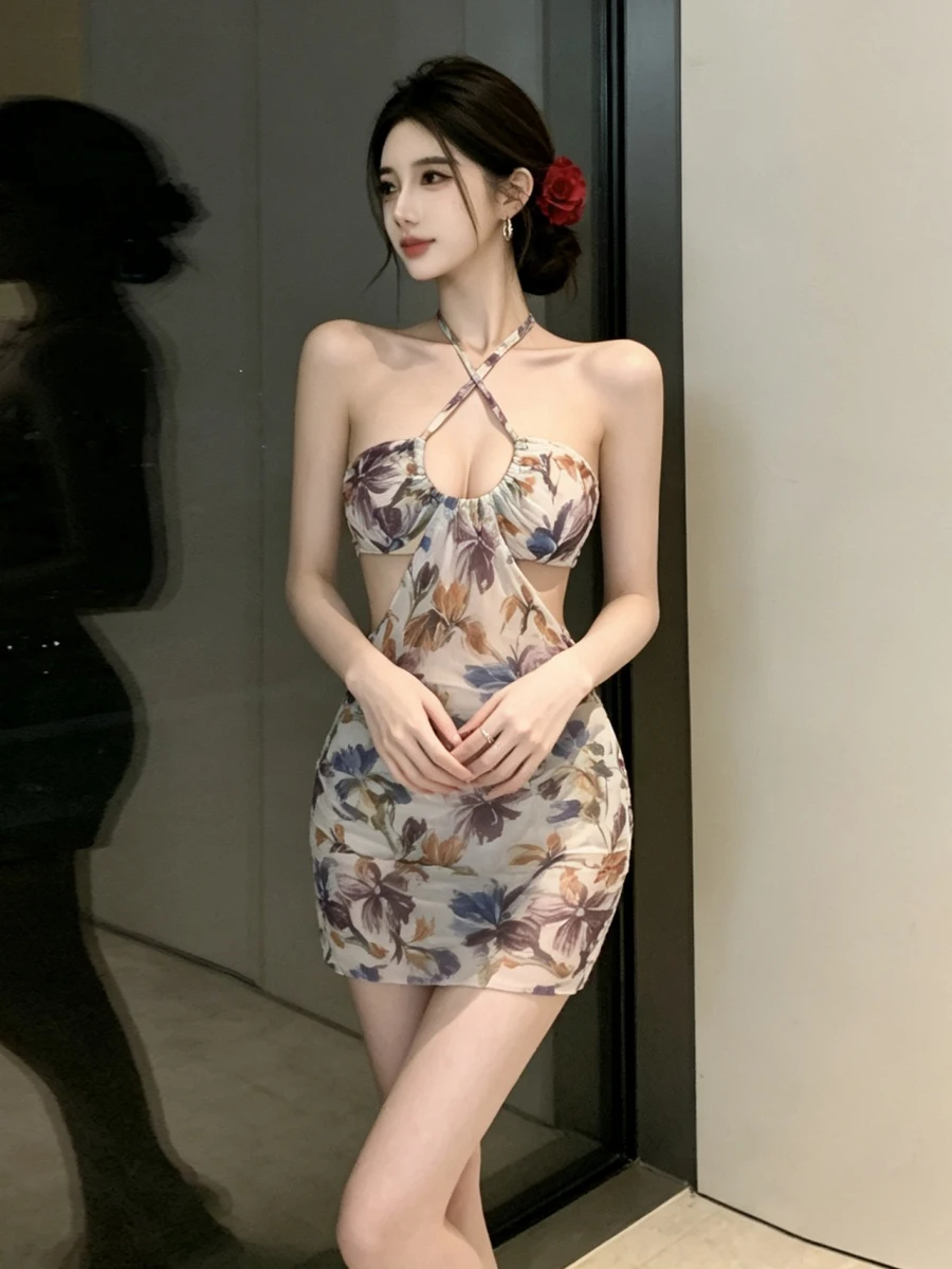 Pure Desire Mesh Hollow out Neckline Sexy Backless Printed Bodycon Dress Women's See through Single Layer Gauze Wrap around D...