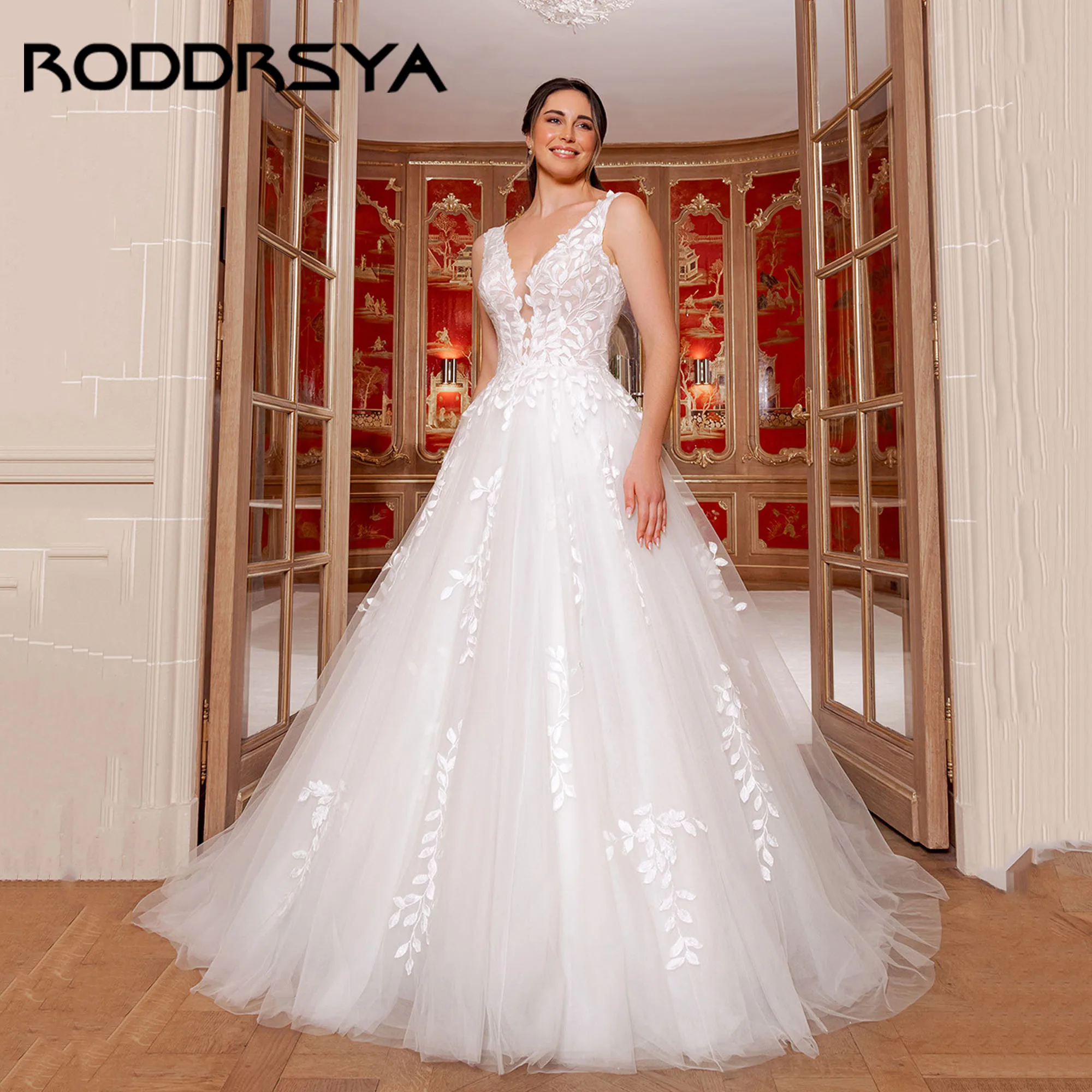

RODDRSYA Tulle Sleeveless Bridal Dress V-Neck A-Line Appliques Elegant Wedding Gowns Backless Sexy vestidos de novia Customized