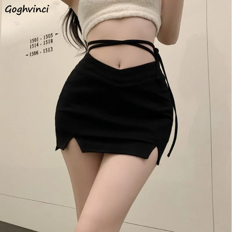 

Skirts Women High Waist Lace-up Chic Hip-covering Sexy Hot Girls Slit Design Anti-exposure All-match Streetwear Summer Mujer