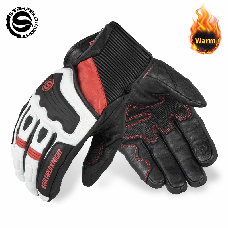 SFK Red Motorcycle Gloves Winter Add Fluff Warm Waterproof Real Goat Leather Non-slip Wear-resistant Full Finger Riding Gears