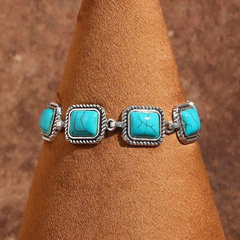 خمر مجوهرات مربع الفيروز سوار ريترو ستايل فضي اللون سحر الإسورة للمرأة بوهيميا الفاخرة صديقة هدية 2025 #2